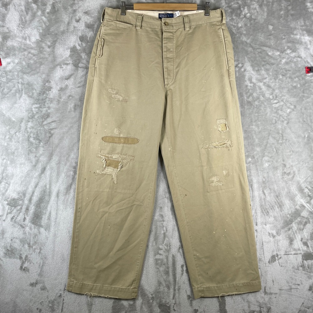 Polo Ralph Lauren The Big Chino Pants Mens 33x32 Khaki Heritage Button Fly Patch